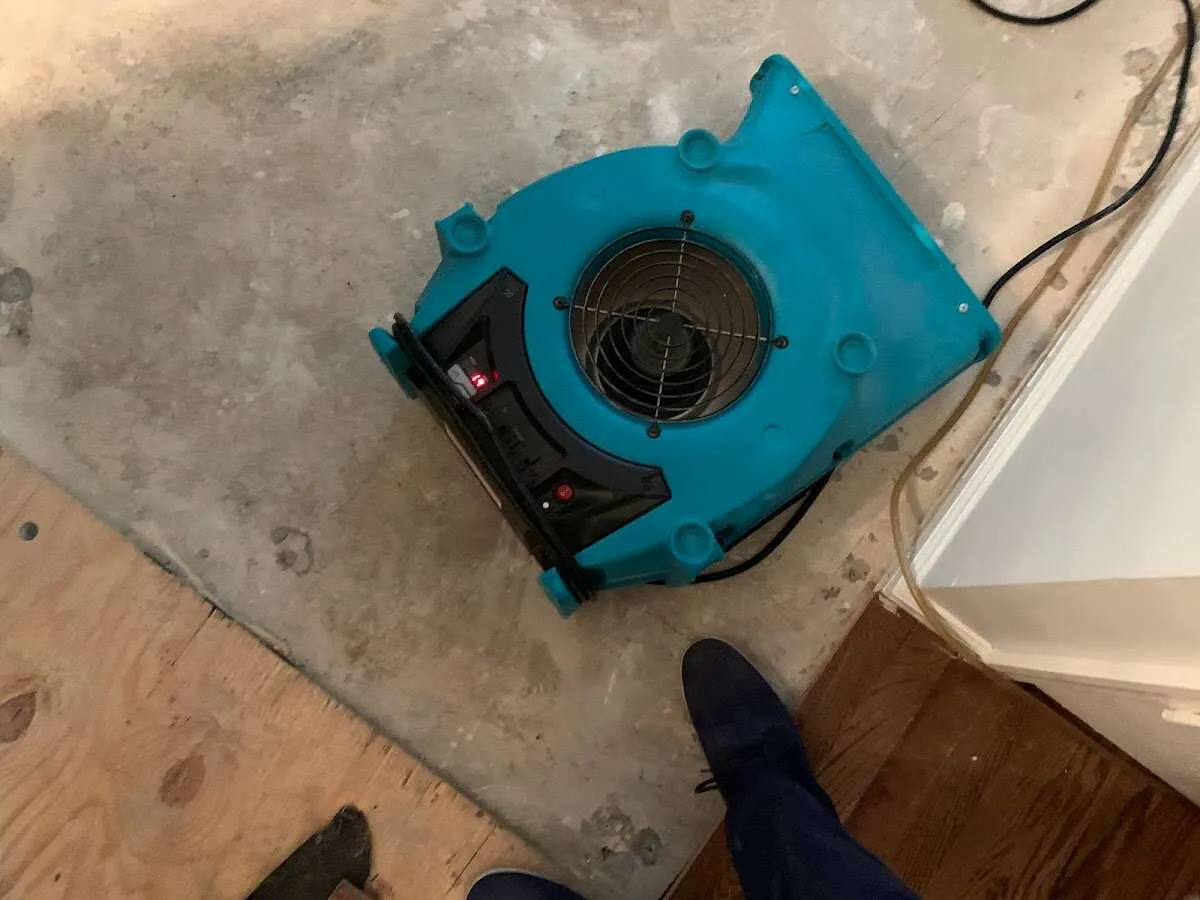 Air mover drying subfloor during Leak Detection & Repair in Florham Park